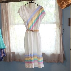 1970 white striped sleeveless dress by sears.